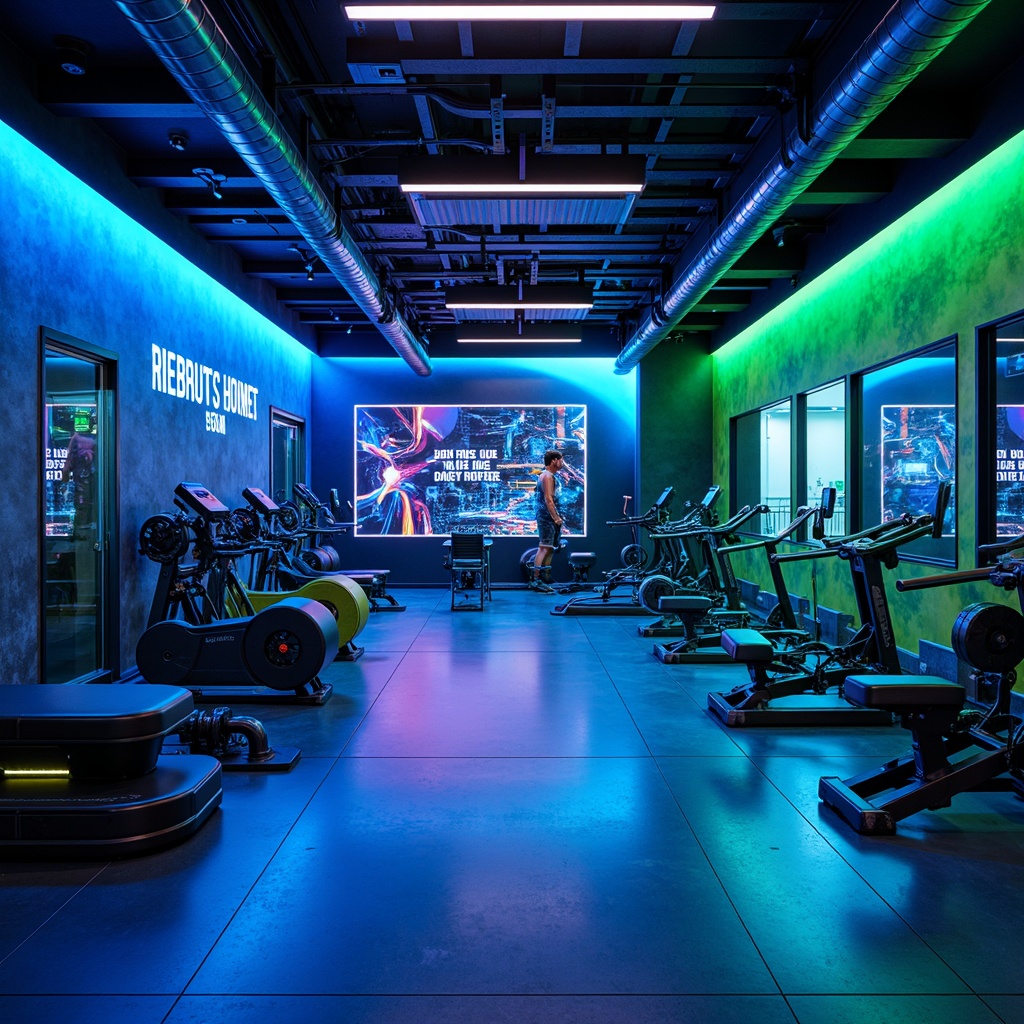 Prompt: Neon-lit home gym, metallic accents, glossy floors, futuristic equipment, sleek lines, minimalist design, vibrant color scheme, electric blue walls, neon green accents, chrome-plated machinery, LED lighting strips, high-gloss finish, abstract geometric patterns, dynamic shapes, urban loft atmosphere, industrial-style decor, motivational quotes, high-tech gadgets, advanced exercise machines, virtual reality training, ambient futuristic soundscapes, panoramic cityscape views, 3/4 composition, shallow depth of field, soft warm lighting.