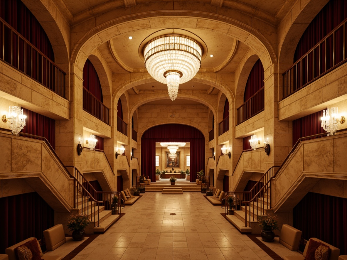 Prompt: Elegant amphitheater, classicism style interior, warm golden lighting, soft shadow accents, ornate chandeliers, crystal pendant lights, bronze sconces, textured stone walls, rich velvet drapes, polished marble floors, grand staircases, symmetrical archways, subtle gradient effects, high-contrast ratios, dramatic spotlights, ambient fill lights, 1/2 composition, shallow depth of field, realistic material textures, intricate architectural details.