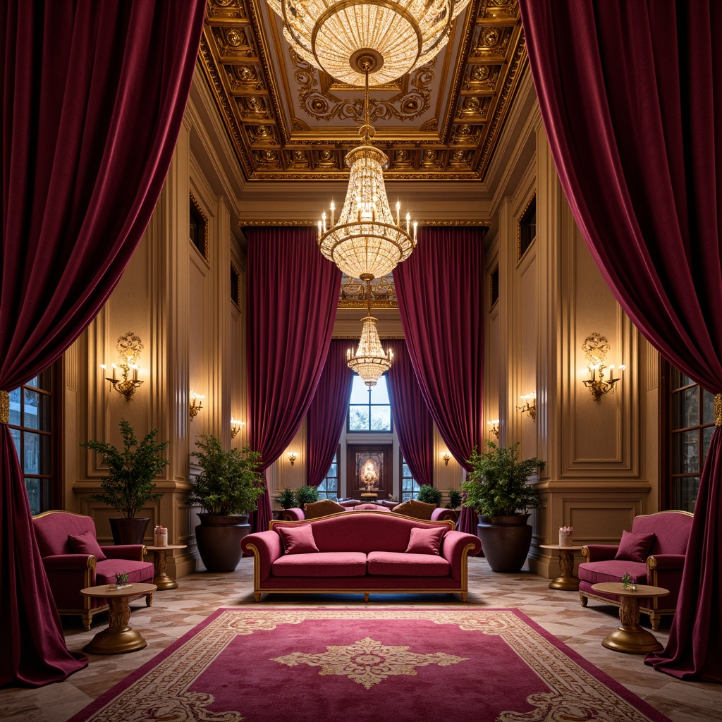 Prompt: Rich velvet curtains, ornate golden details, majestic columns, grand chandeliers, intricate moldings, luxurious red carpeting, regal purple upholstery, opulent marble floors, dramatic spotlights, warm soft lighting, shallow depth of field, 2/3 composition, symmetrical framing, classic architectural elements, lavish decorative patterns, subtle gradient effects, high-contrast color scheme, deep rich jewel tones.