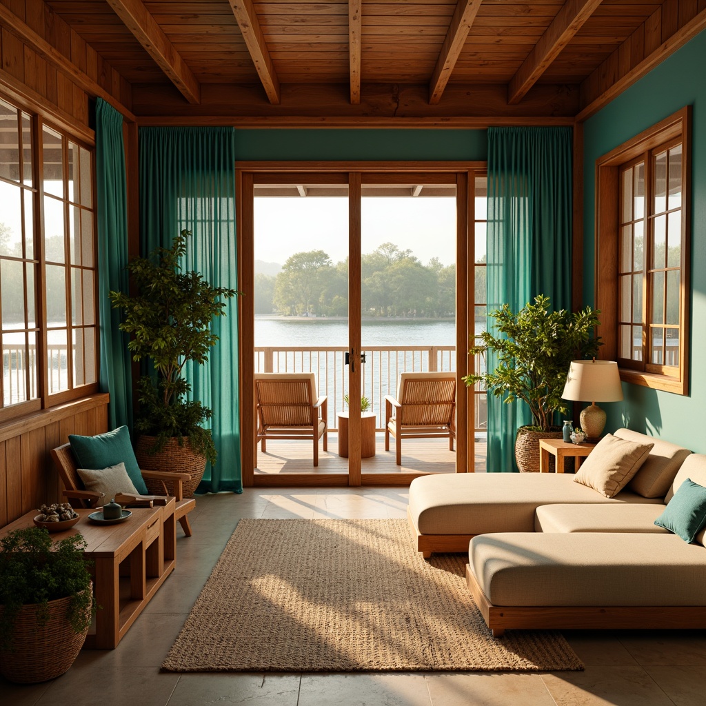 Prompt: Warm boathouse interior, natural wood accents, woven bamboo furniture, soft silk textiles, vibrant turquoise walls, calming beige floors, elegant Asian-inspired lanterns, lush greenery, serene water views, warm golden lighting, shallow depth of field, 1/2 composition, realistic wood grain textures, ambient occlusion, subtle reflections.