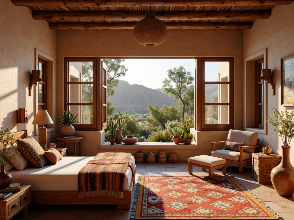 Prompt: Southwestern style bedroom, warm earthy tones, natural materials, woven textiles, vibrant Navajo patterns, colorful kilim rugs, plush throw blankets, geometric shapes, rustic wooden furniture, distressed finishes, vintage decorative accents, soft warm lighting, cozy reading nook, desert landscape views, adobe architecture inspiration, earthenware vases, cactus plants, sunny afternoon, shallow depth of field, 1/2 composition, realistic textures, ambient occlusion.