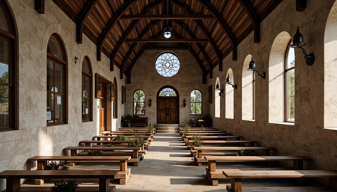 Prompt: Rustic church exterior, weathered wooden facade, corrugated metal roof, industrial-style lanterns, reclaimed wood accents, exposed brick walls, distressed stone flooring, vintage metal doors, ornate stained glass windows, dramatic vaulted ceiling, pendant lighting fixtures, rustic wooden pews, metal beam supports, natural earthy tones, warm soft lighting, shallow depth of field, 1/2 composition, intimate atmosphere, realistic textures, ambient occlusion.