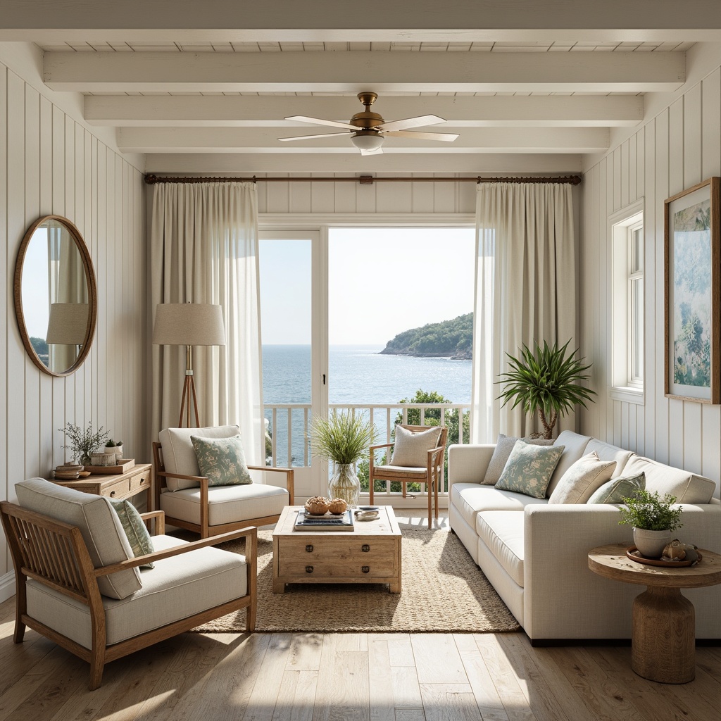 Prompt: Coastal-themed interior, soft calming atmosphere, natural textures, weathered wood accents, driftwood-inspired furniture, ocean-blue hues, crisp white trim, sandy beige walls, shiplap paneling, woven sea grass textiles, jute rugs, coral-inspired patterns, subtle shell motifs, warm golden lighting, coastal-themed decorative accessories, minimal ornamentation, airy open spaces, nature-inspired color palette.