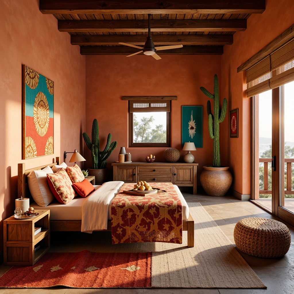 Prompt: Vibrant southwestern bedroom, adobe-inspired earth tones, warm terracotta walls, rich turquoise accents, soft sandy beiges, rustic wooden furniture, woven textiles, geometric patterns, bold red and orange hues, natural stone flooring, plush area rugs, dramatic cactus silhouettes, warm golden lighting, cozy reading nook, 1/1 composition, shallow depth of field, soft focus.