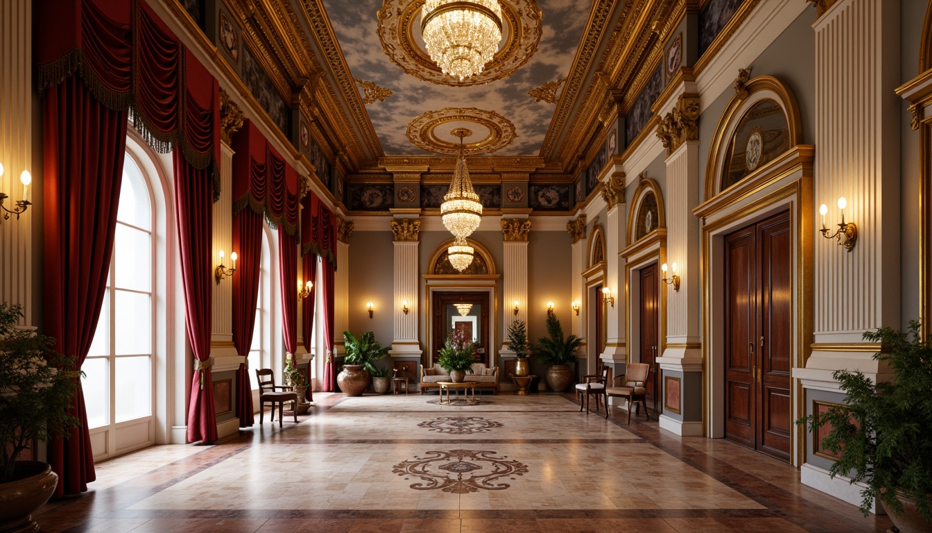 Prompt: Elegant Renaissance-style interior, ornate columns with Corinthian capitals, rich marble flooring, intricate fresco ceilings, warm golden lighting, luxurious velvet drapes, antique furniture pieces, gilded frames, lavish crystal chandeliers, ornamental mirrors, refined wood paneling, subtle archways, sophisticated color palette, 1/1 composition, softbox lighting, ambient occlusion, realistic textures.