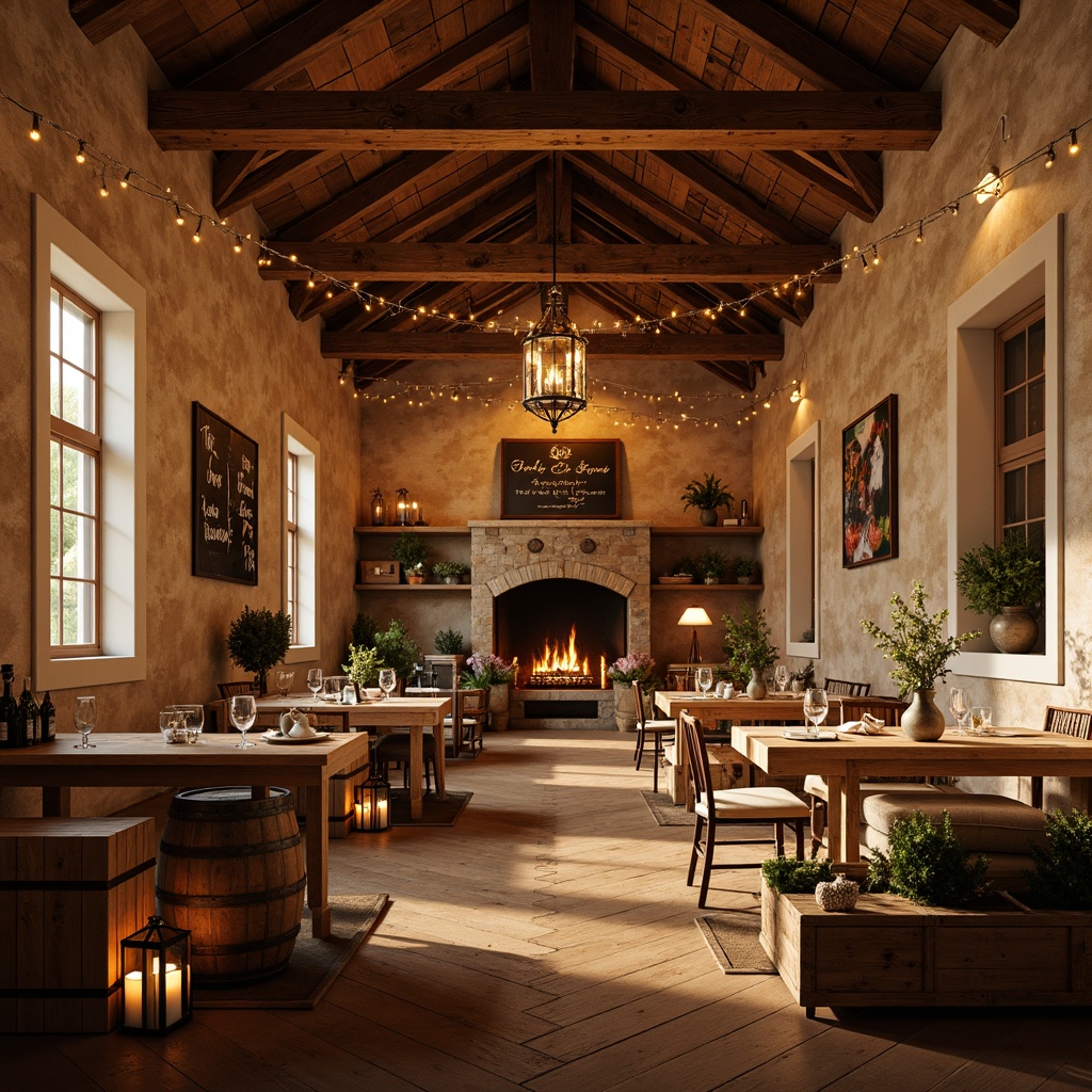 Prompt: Warm winery ambiance, rustic wooden beams, vintage metal lanterns, soft candlelight, warm golden lighting, distressed wood accents, earthy color palette, natural stone walls, reclaimed wood floors, cozy nooks, plush furnishings, ornate metalwork, whimsical decorative elements, romantic string lights, warm beige tones, creamy whites, soft pastels, rustic wooden crates, wine barrels, dimmable overhead lighting, table lamps, floor lamps, warm glow, soft shadows, 1/1 composition, intimate atmosphere, realistic textures.