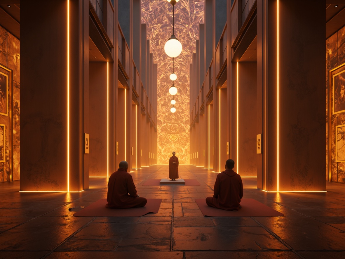 Prompt: Soft warm glow, futuristic monastery interior, sleek metal accents, minimalist design, ambient occlusion, realistic textures, subtle color grading, softbox lighting, LED strips, neon tubes, glowing orbs, luminescent walls, futuristic chandeliers, holographic projections, immersive atmosphere, serene ambiance, peaceful monks, prayer areas, meditation zones, futuristic altars, sacred relics, ancient artifacts, dimly lit corridors, warm wooden tones, stone flooring, mystical symbols, ethereal mist, soft focus, shallow depth of field.