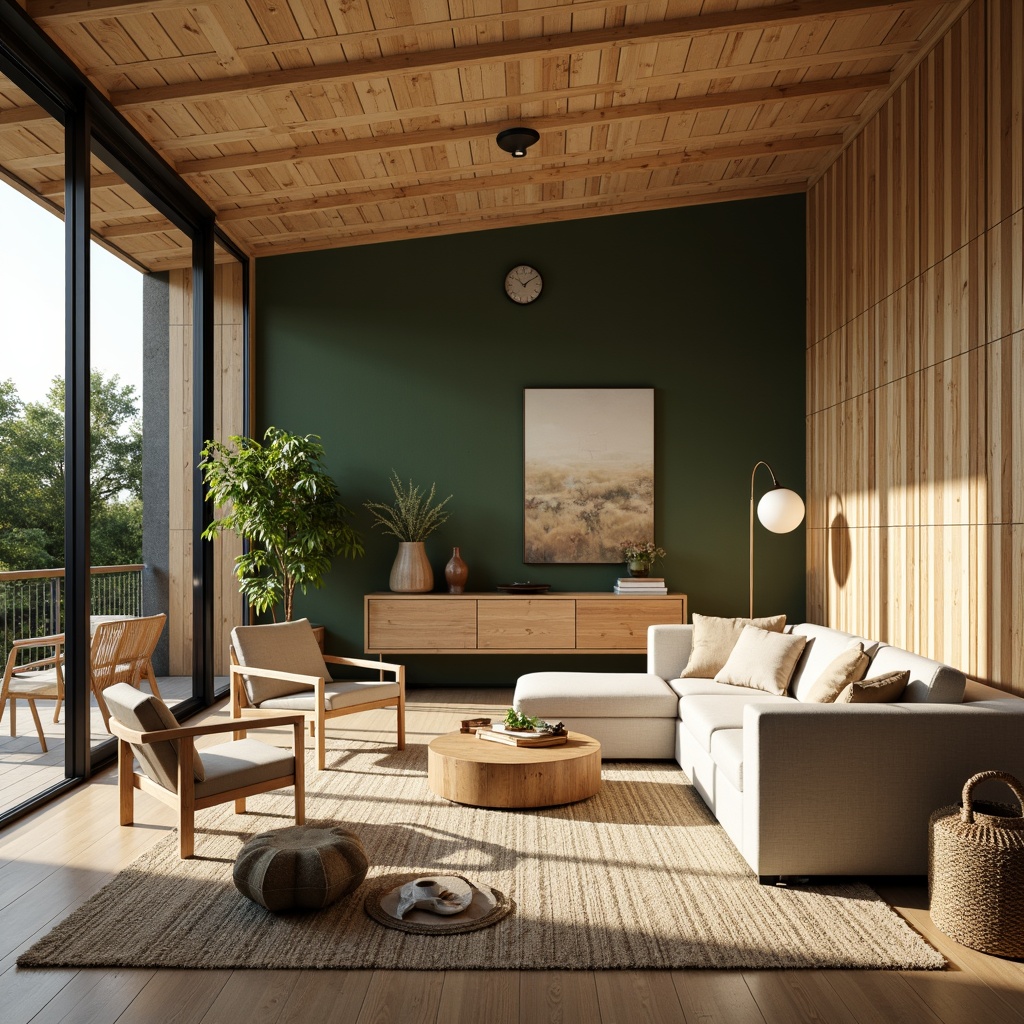 Prompt: Minimalist living room, eco-friendly furniture, recycled wood accents, natural fiber rugs, low-VOC paints, energy-efficient lighting, floor-to-ceiling windows, sliding glass doors, organic cotton upholstery, FSC-certified wooden decor, bamboo flooring, plants, green walls, calming atmosphere, soft warm lighting, shallow depth of field, 1/1 composition, realistic textures, ambient occlusion.