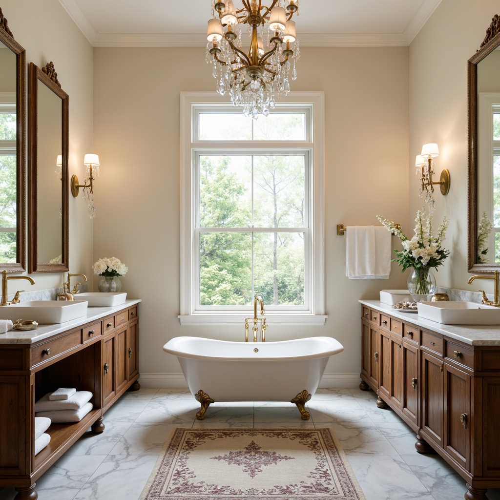 Prompt: Elegant freestanding tub, ornate gold faucets, marble countertops, white porcelain sinks, crystal chandeliers, large mirrors, wooden cabinets, soft cream-colored walls, floral patterned rugs, vintage-inspired metal fixtures, distressed wood accents, warm ambient lighting, shallow depth of field, 1/2 composition, realistic textures, ambient occlusion.