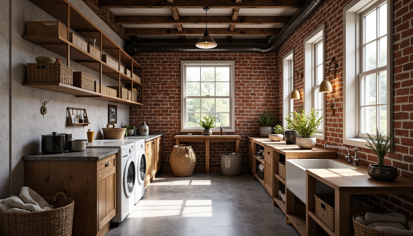 Prompt: Rustic laundry room, exposed brick walls, reclaimed wood shelving, industrial metal beams, pendant lighting fixtures, natural stone countertops, woven basket storage, wooden crate displays, vintage laundry equipment, modern farmhouse sink, soft warm lighting, shallow depth of field, 1/1 composition, realistic textures, ambient occlusion.