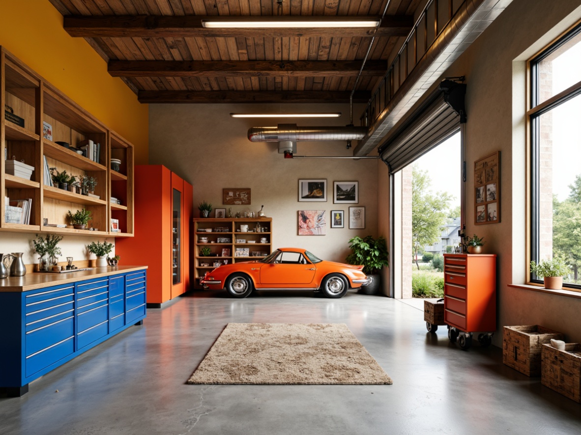 Prompt: Vibrant family garage, bold color blocking, warm beige walls, rich wood accents, metallic silver tools, bright blue storage bins, energetic orange workstations, industrial-style lighting, polished concrete floors, modern minimalist decor, rustic wooden crates, vintage car displays, cozy reading nooks, natural textiles, earthy tone accents, abundant natural light, shallow depth of field, 1/1 composition, realistic textures.