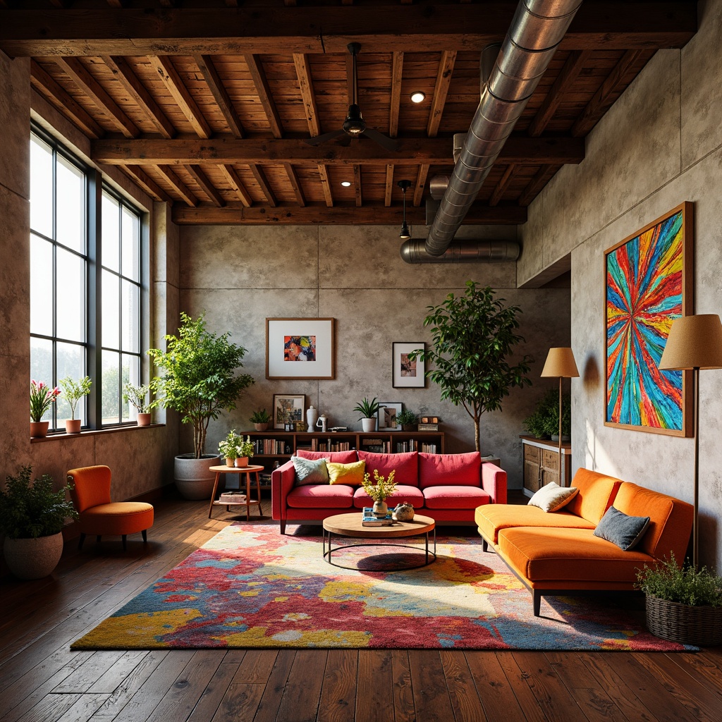 Prompt: Vibrant art studio, eclectic furniture, abstract artwork, warm wooden floors, rich velvet fabrics, bold colorful accents, industrial metal beams, reclaimed wood textures, cozy reading nooks, natural light pouring in, soft warm glow, shallow depth of field, 1/1 composition, realistic textures, ambient occlusion.