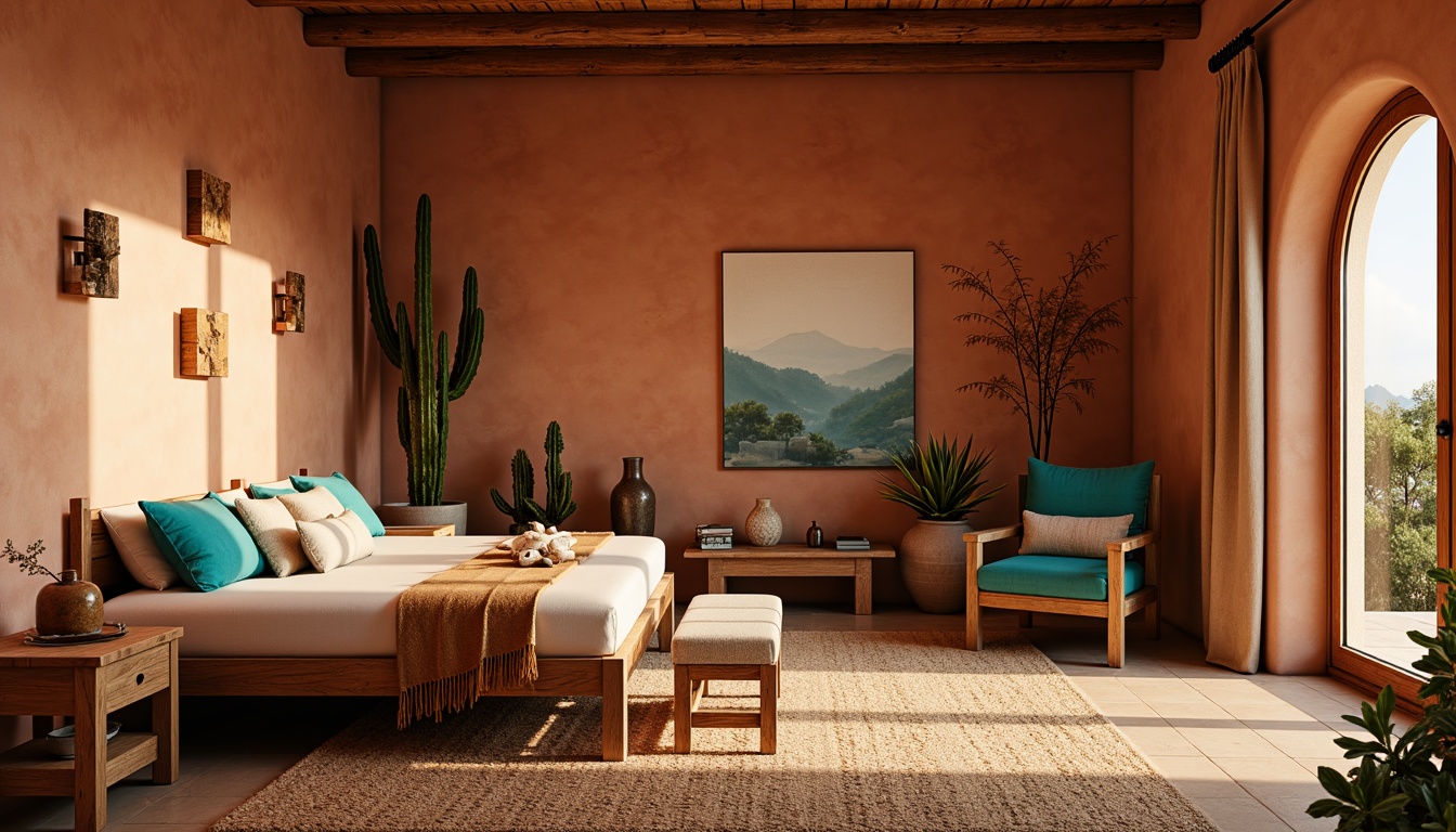 Prompt: Earthy southwestern bedroom, warm terracotta walls, rustic wooden furniture, vibrant turquoise accents, soft sandy beige carpet, natural woven textiles, desert-inspired patterns, cacti plants, warm golden lighting, shallow depth of field, 1/1 composition, realistic textures, ambient occlusion.