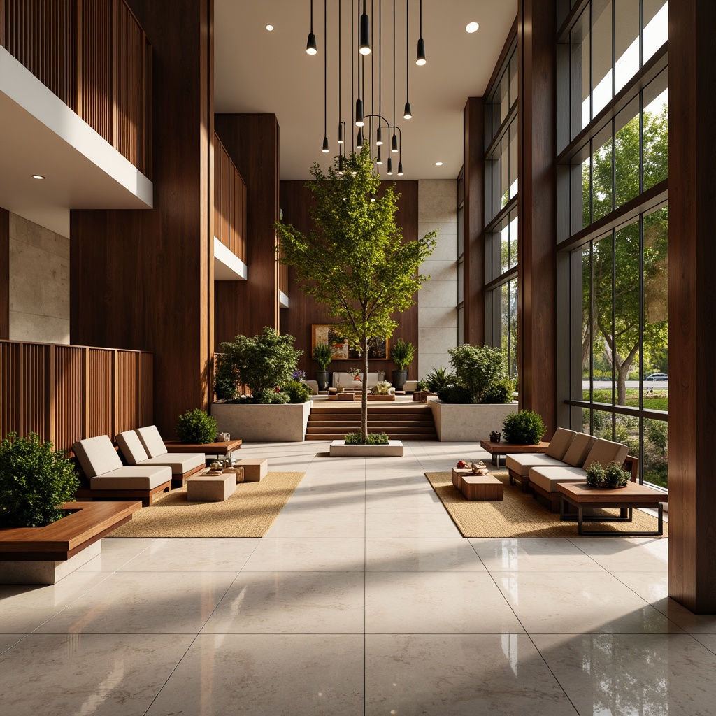 Prompt: Luxurious lobby, high-contrast marble floors, warm wood accents, soft plush carpets, sleek metal railings, natural stone walls, vibrant greenery, modern minimalist chandeliers, dramatic ceiling heights, atmospheric lighting, 1/1 composition, shallow depth of field, realistic textures, ambient occlusion.