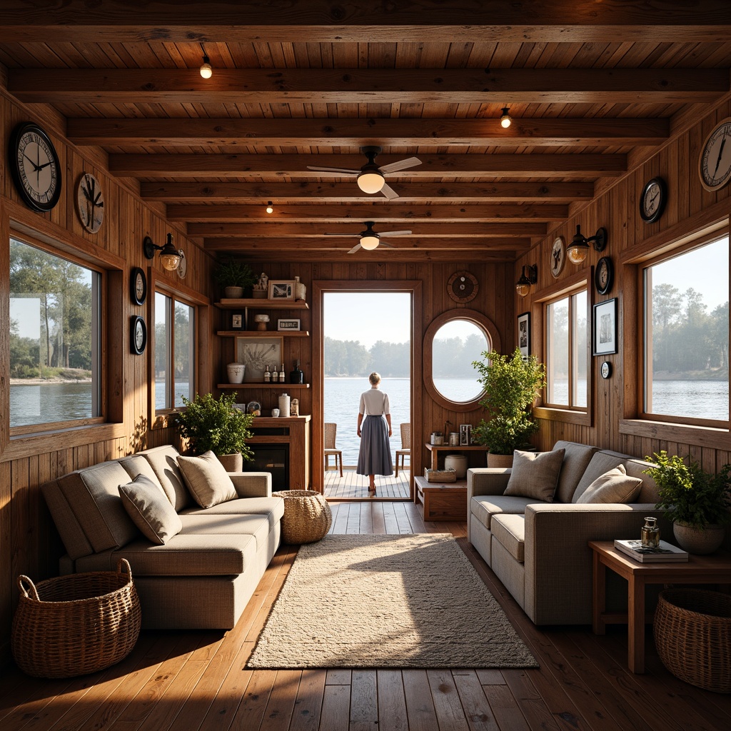 Prompt: Cozy boathouse interior, wooden accents, rustic charm, reclaimed wood walls, polished wooden floors, nautical-themed decor, marine-inspired color palette, soft warm lighting, comfortable seating areas, plush furnishings, natural textiles, woven baskets, vintage navigation instruments, porthole windows, waterfront views, serene lake scenery, misty morning atmosphere, gentle water reflections, 1/1 composition, shallow depth of field, realistic wood textures, ambient occlusion.