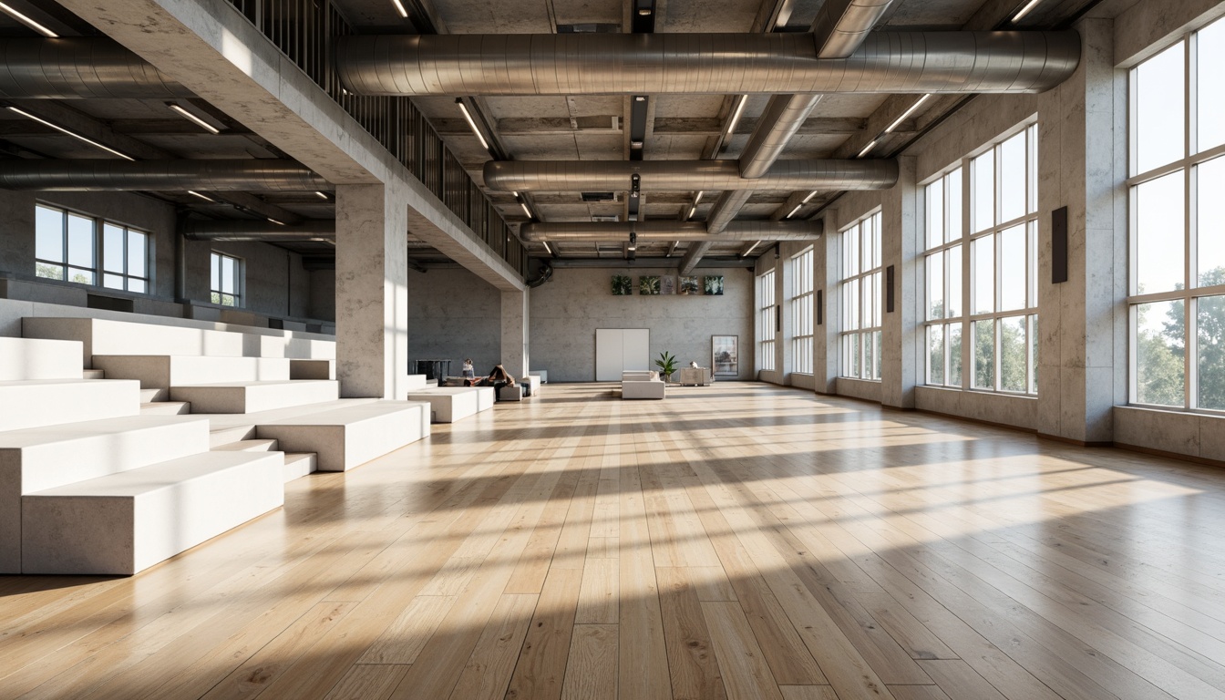 Prompt: Polished wooden floors, minimalist bleachers, exposed concrete walls, industrial metal beams, modern LED lighting, sleek steel columns, simple benches, clean white surfaces, subtle grey accents, natural ventilation systems, large glass windows, abundant daylight, soft diffuse lighting, shallow depth of field, 2/3 composition, realistic textures, ambient occlusion.