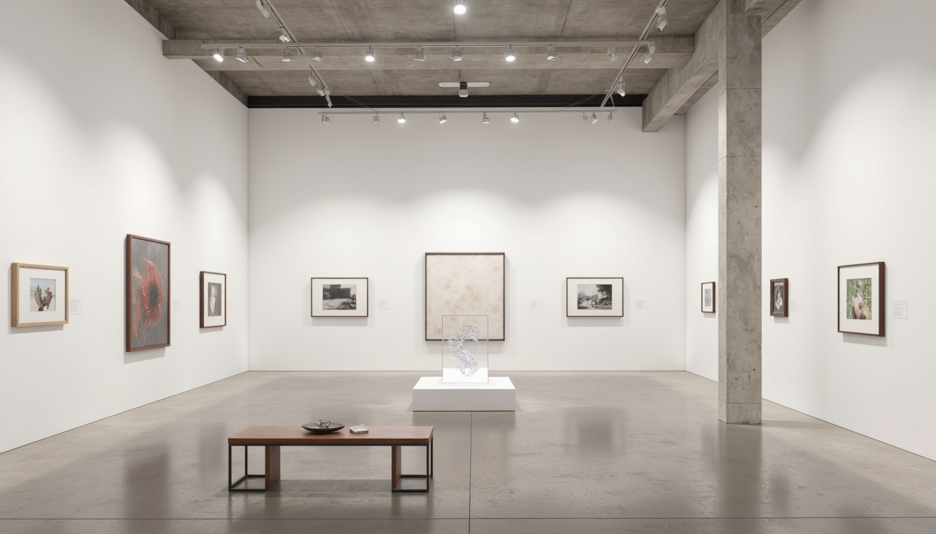 Prompt: Minimalist art gallery, white walls, polished concrete floors, track lighting systems, recessed ceiling lights, warm softbox lighting, subtle LED strips, elegant wooden benches, simple metal frames, monochromatic color scheme, high ceilings, open spaces, natural daylight, diffused shadows, 1/1 composition, realistic renderings, ambient occlusion.