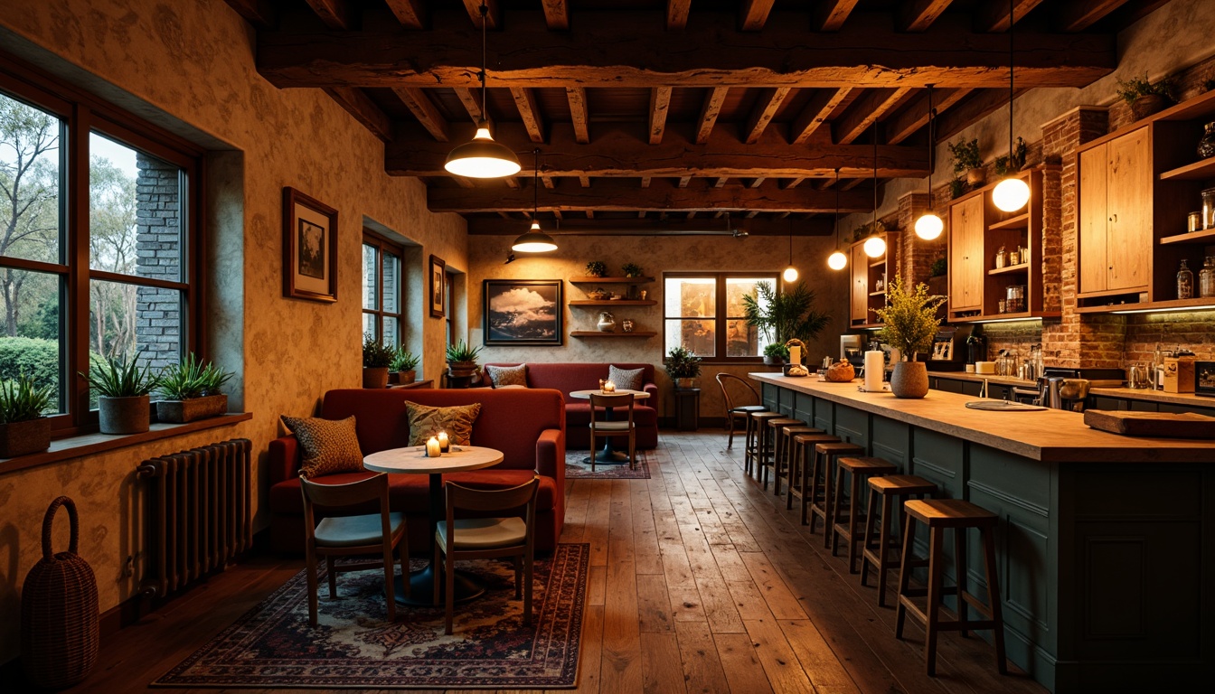 Prompt: Rustic farmhouse pub, warm candlelight, vintage metal lanterns, dimmed pendant lights, wooden beams, exposed brick walls, earthy tones, cozy nooks, plush armchairs, natural textiles, woven baskets, distressed wood accents, soft warm glow, atmospheric ambiance, layered lighting, warm color temperatures, nostalgic decor, rural charm.