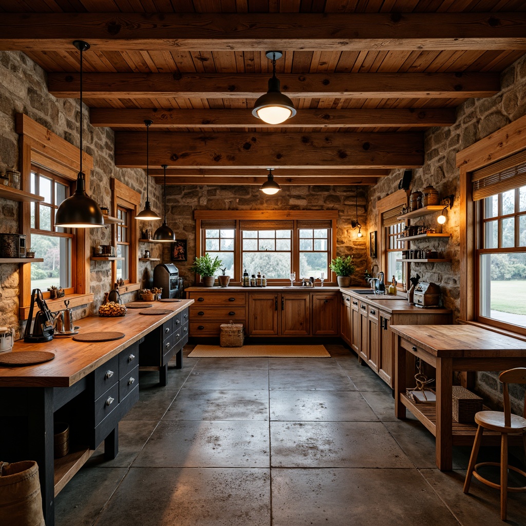 Prompt: Warm craftsman garage, rustic wooden beams, earthy tones, soft warm lighting, table lamps, floor lamps, pendant lights, metal shades, Edison bulbs, cozy nooks, vintage tools, wooden workbenches, leather aprons, natural stone flooring, exposed brick walls, wooden crates, woven baskets, distressed finishes, rich textures, warm color palette, inviting atmosphere, 1/1 composition, softbox lighting, shallow depth of field.