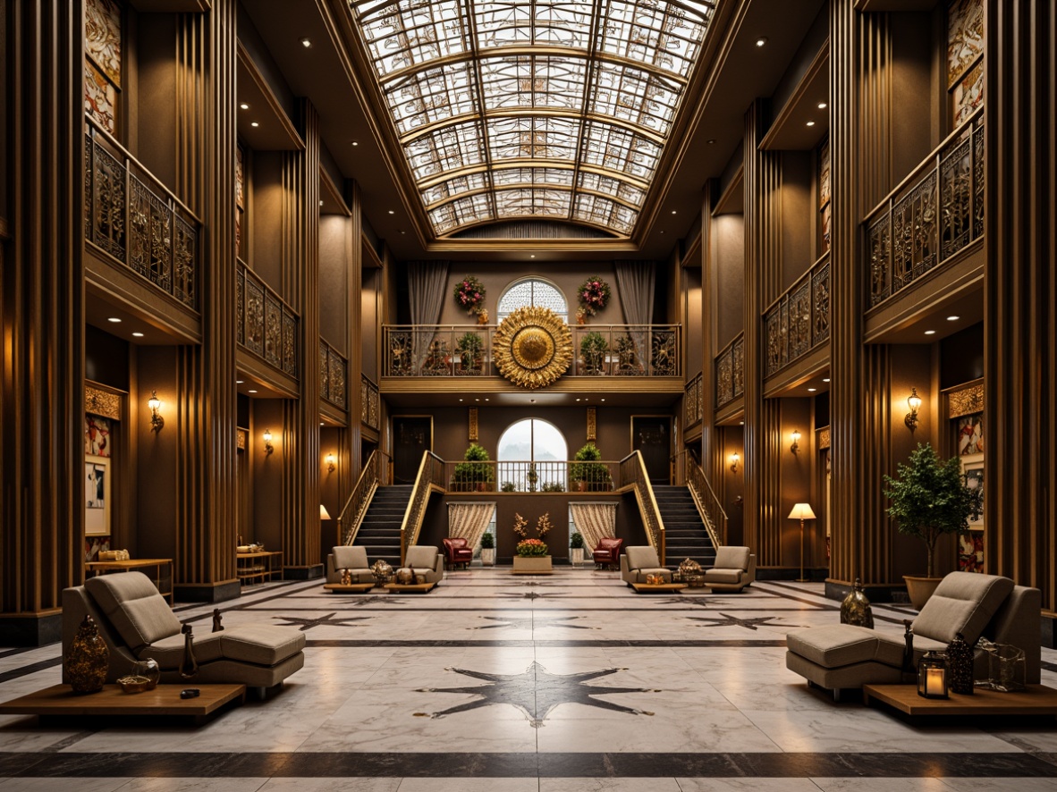 Prompt: Opulent Art Deco building, ornate metalwork, luxurious marble floors, geometric patterns, metallic accents, stepped silhouettes, zigzag motifs, lavish decorations, sunburst designs, chevron shapes, ornamental railings, stylized typography, curved lines, symmetrical compositions, high-contrast lighting, dramatic shadows, 1/1 composition, realistic reflections, detailed textures, ambient occlusion.