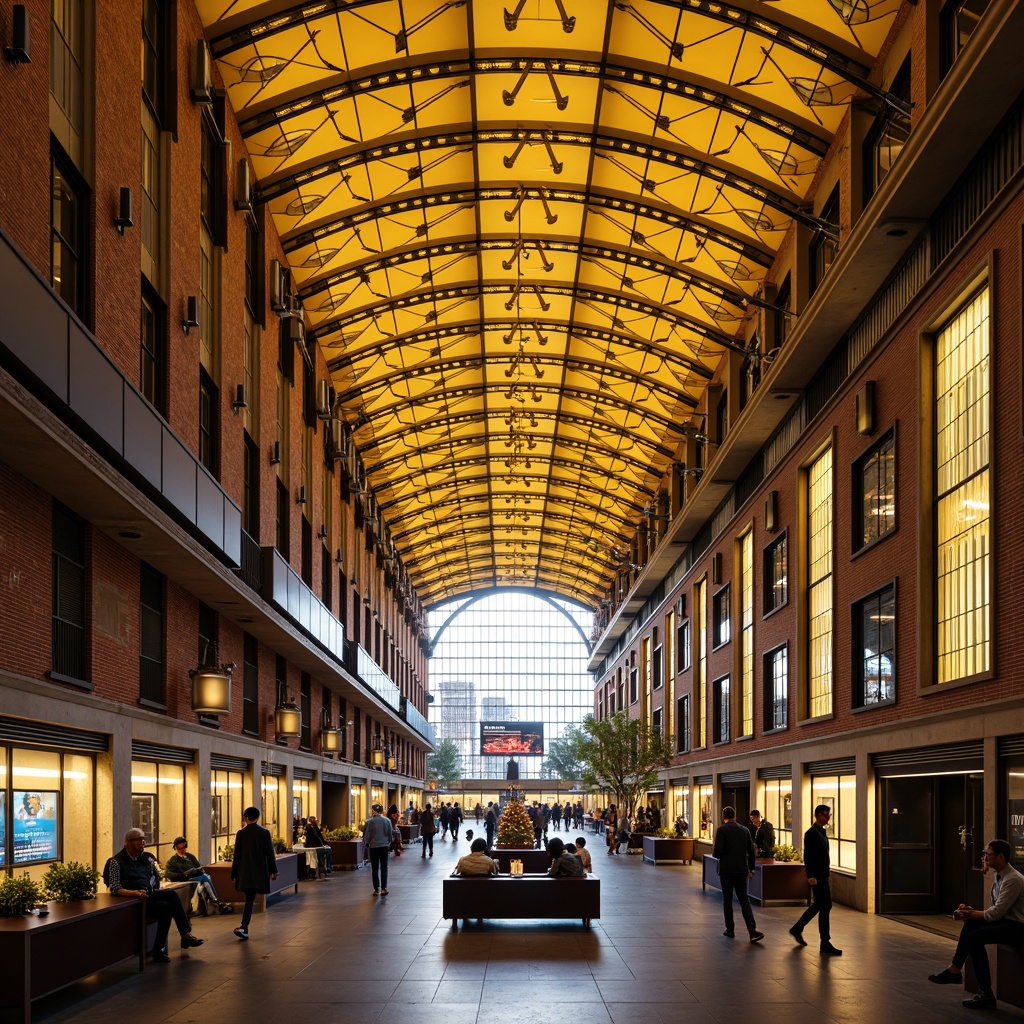 Prompt: Vibrant train station, grandiose architecture, high ceilings, dramatic lighting, warm yellow tones, industrial metal beams, rustic brick walls, sleek modern fixtures, dynamic LED displays, futuristic ambiance, bustling atmosphere, rush hour crowds, urban soundscape, shallow depth of field, 1/1 composition, realistic textures, ambient occlusion, softbox lighting, gradient mapping, volumetric lighting.