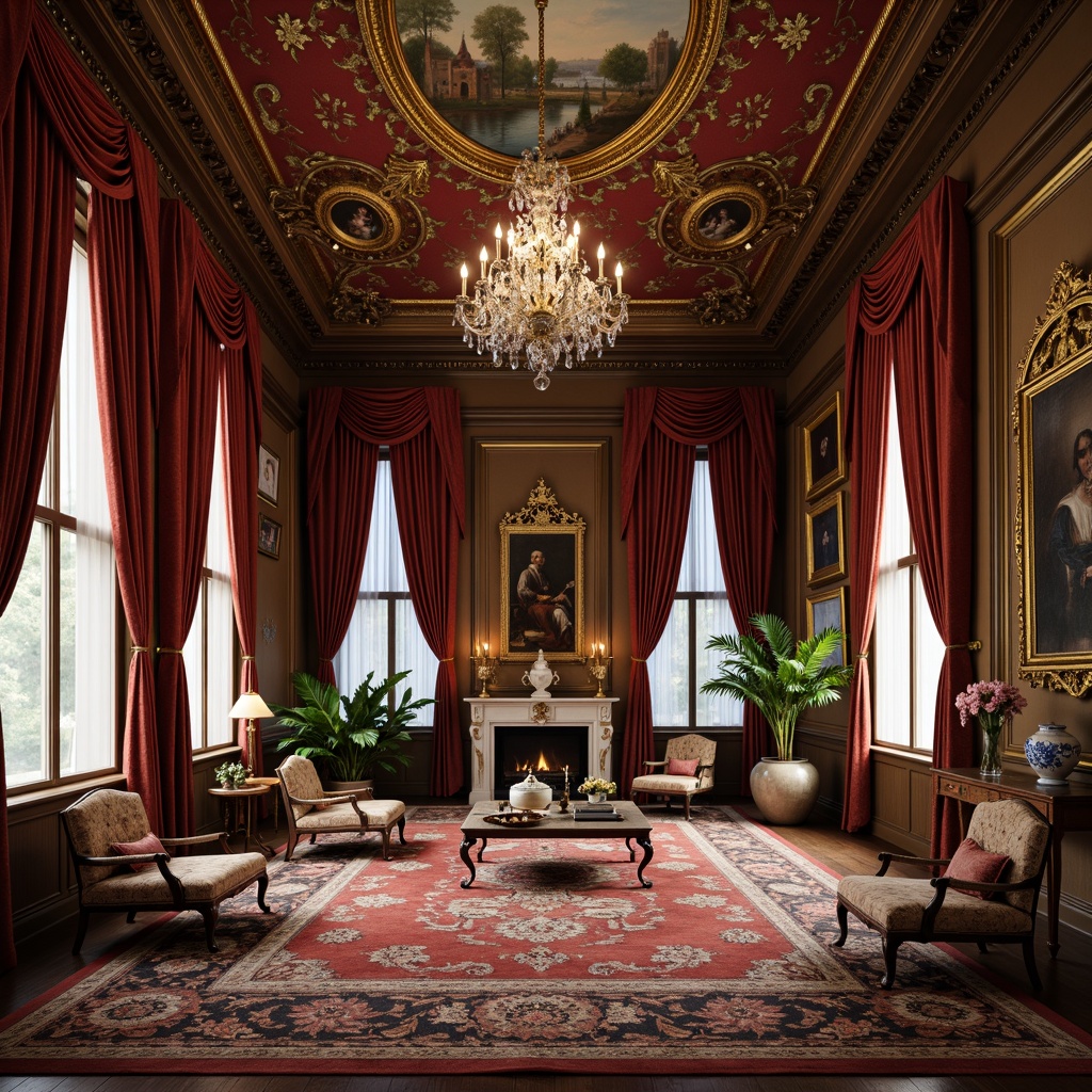 Prompt: Elegant classic mansion, intricately patterned velvet drapes, richly embroidered silk upholstery, ornate golden frames, crystal chandeliers, lavish furnishings, Renaissance-inspired artwork, dark wood paneling, luxurious carpets, soft warm lighting, shallow depth of field, 3/4 composition, panoramic view, realistic textures, ambient occlusion, vintage accessories, distressed leather armchairs, antique vases, opulent fabrics, subtle sheen, intricate brocade patterns.