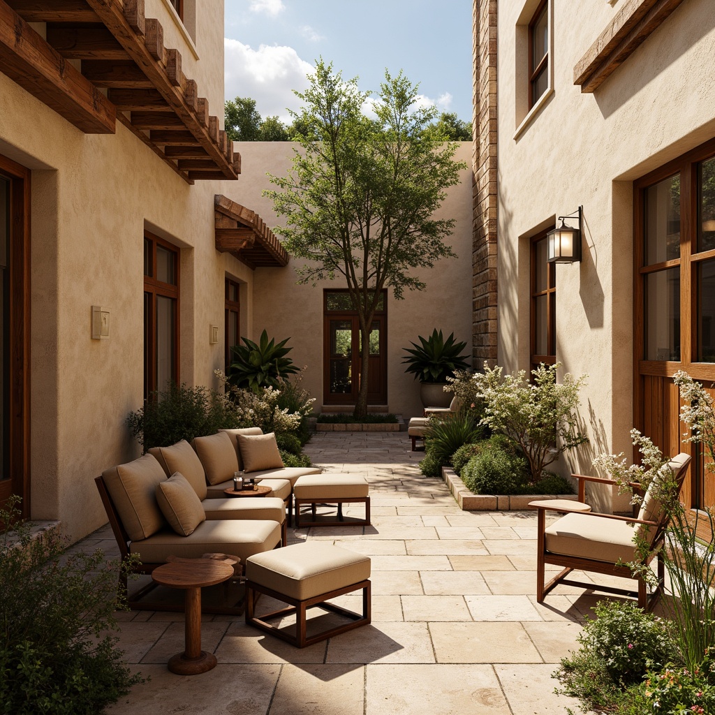 Prompt: Warm earthy tones, natural wood accents, rustic stone walls, cozy courtyard spaces, vintage metal lanterns, distressed leather furniture, warm beige stucco buildings, soft greenery, blooming flowers, sunny afternoon light, soft warm shadows, shallow depth of field, 3/4 composition, realistic textures, ambient occlusion.Please let me know if you need any adjustments!