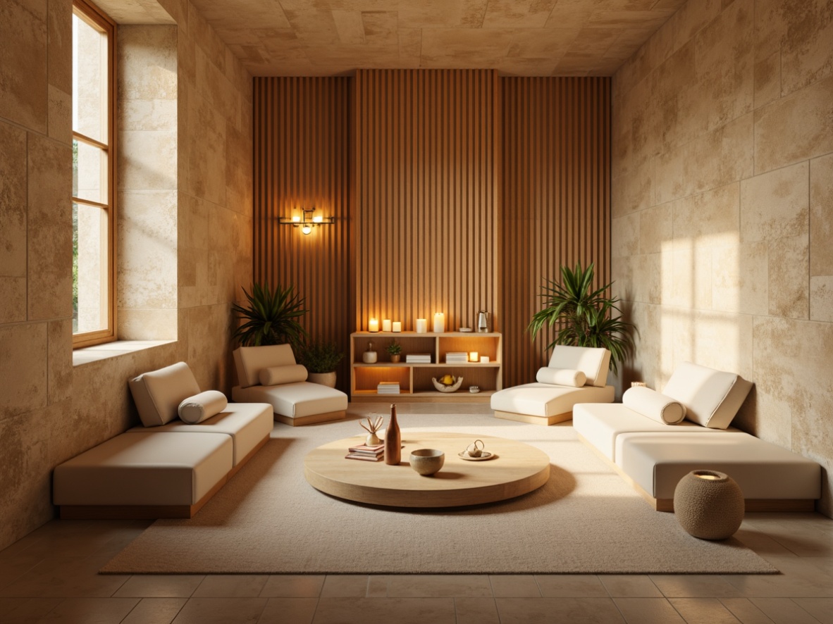 Prompt: Serene monastery interior, warm beige stone walls, minimalist modern furniture, soft golden lighting, LED candles, subtle shadows, natural textures, wooden accents, simple geometric patterns, calm atmosphere, gentle diffused light, 1/1 composition, realistic renderings, ambient occlusion, warm color palette, peaceful ambiance.