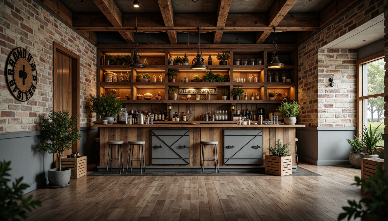 Prompt: Rustic farmhouse bar, reclaimed wood shelves, metal brackets, vintage industrial lighting, earthy tones, wooden crates, potted greenery, natural stone walls, distressed finishes, open shelving, ladder access, galvanized metal accents, decorative barn doors, country-style signage, warm ambient lighting, shallow depth of field, 1/1 composition, realistic textures, ambient occlusion.