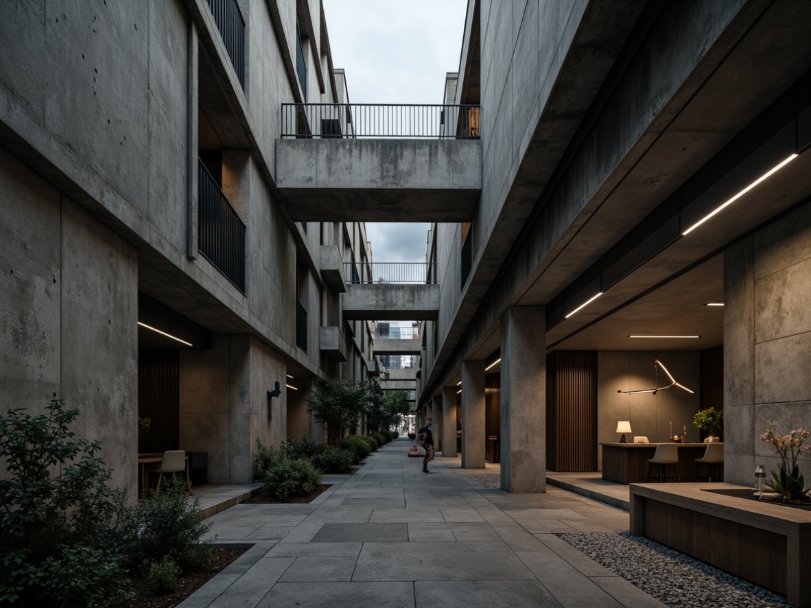 Prompt: Gritty brutalist architecture, raw concrete textures, weathered steel accents, industrial pipes, exposed ductwork, moody atmospheric lighting, dramatic shadows, bold geometric forms, minimalist decor, monochromatic color scheme, muted earth tones, rough-hewn stone walls, urban cityscape backdrop, overcast skies, misty morning ambiance, cinematic high-contrast ratio, 2.35