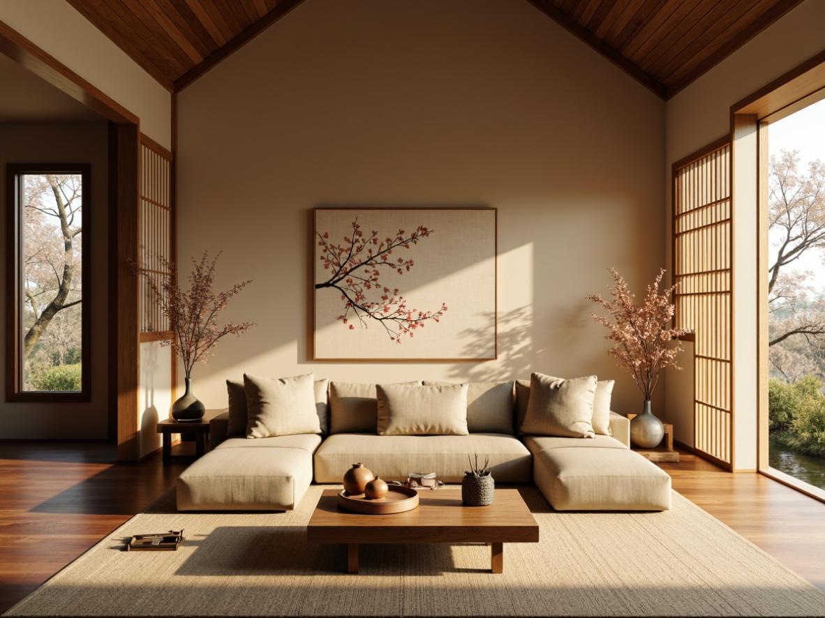 Prompt: Serenity-inspired living room, traditional Asian decor, warm beige walls, rich wood accents, elegant tatami mats, subtle shoji screens, delicate cherry blossom patterns, soft golden lighting, natural linen upholstery, earthy terracotta vases, minimalist ornamentation, calming water features, gentle misting effects, tranquil nature views, shallow depth of field, 1/1 composition, warm color harmony, realistic textures, ambient occlusion.