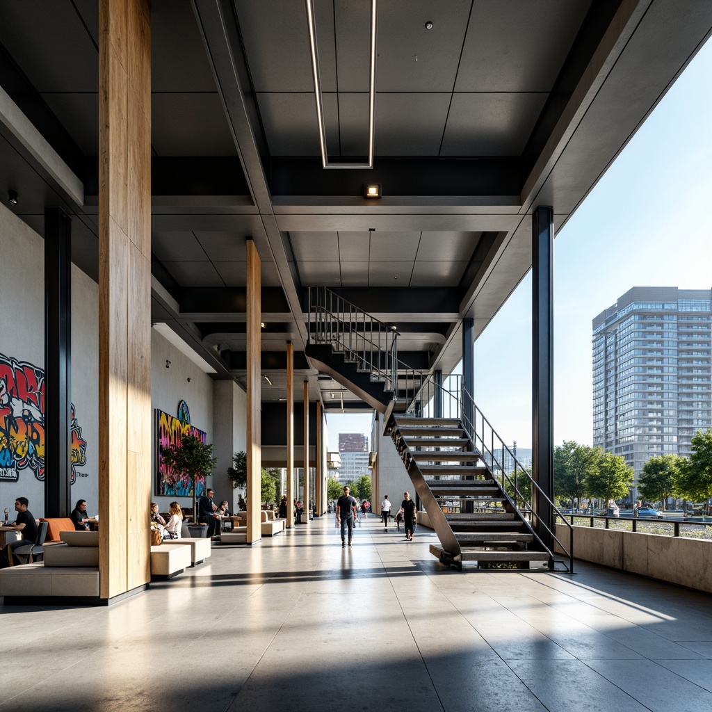 Prompt: Polished concrete floors, matte black steel beams, sleek glass railings, minimalist wooden accents, smooth white plaster walls, industrial-style metal lighting fixtures, bold colorful graffiti, urban cityscape views, bright natural daylight, shallow depth of field, 3/4 composition, low-angle shot, realistic textures, ambient occlusion.