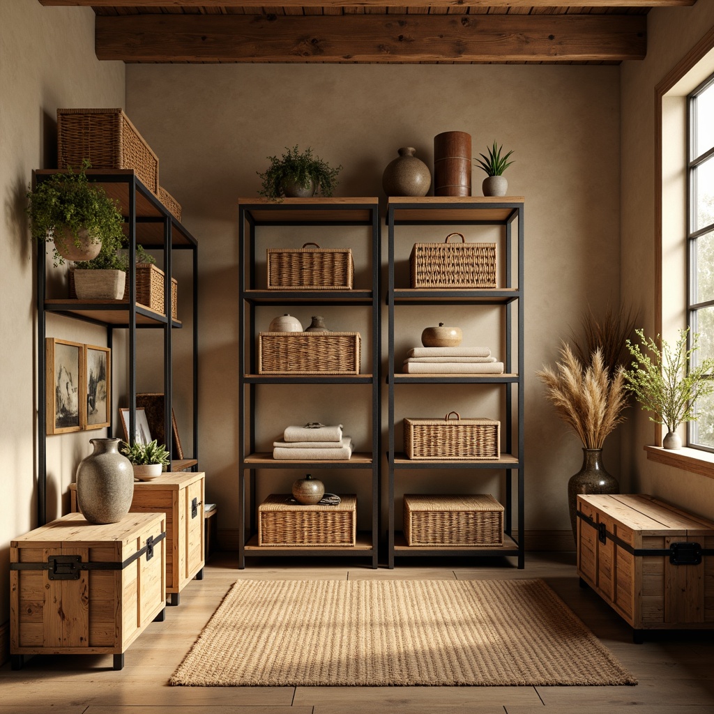 Prompt: Cozy storage room, warm beige walls, industrial metal shelving units, reclaimed wood crates, vintage storage trunks, woven wicker baskets, soft warm lighting, shallow depth of field, 1/1 composition, realistic textures, ambient occlusion, modern minimalist design, functional decor, organized spaces, rustic wooden accents, earthy color palette, natural fiber rugs, simple clean lines, ample storage capacity.