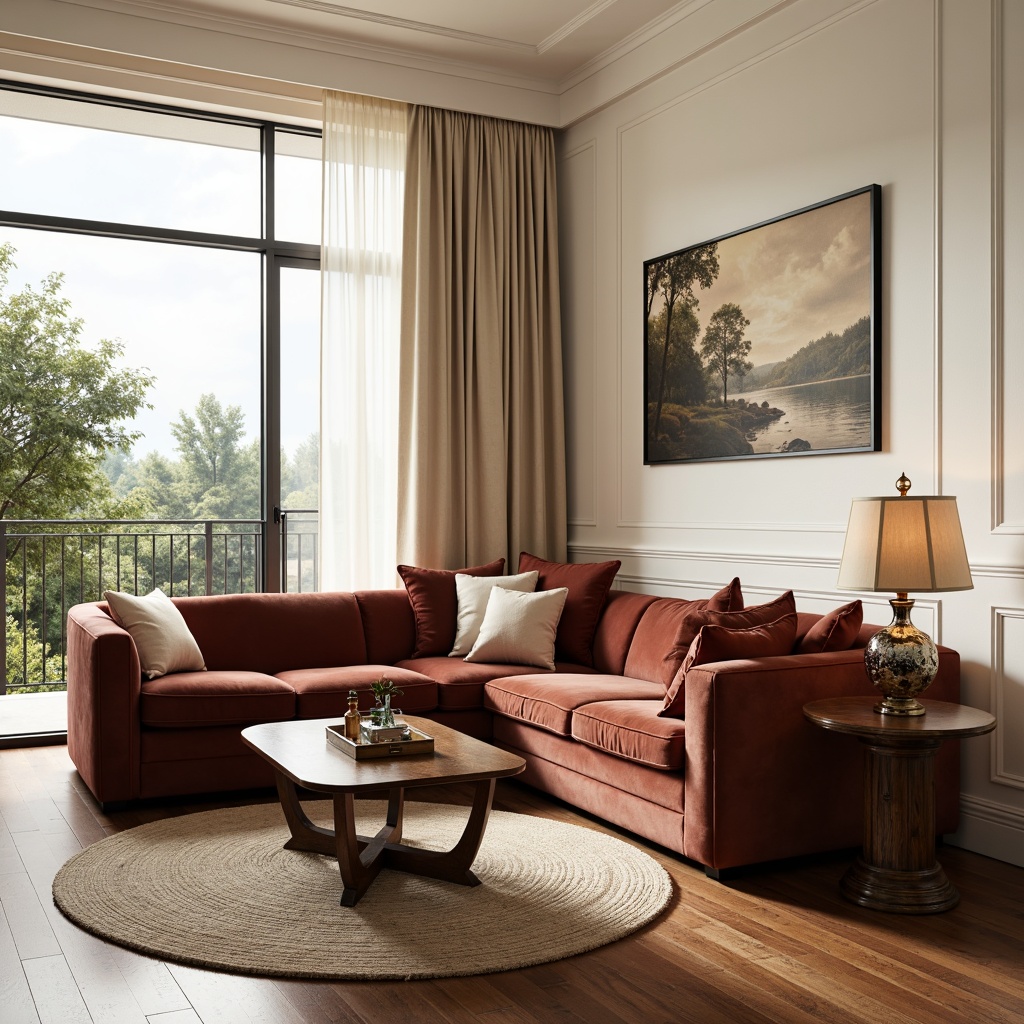 Prompt: Elegant living room, luxurious velvet sofa, polished wooden coffee table, ornate metal lamp, vintage rug, rich brown leather armchair, sophisticated minimalist decor, creamy white walls, floor-to-ceiling windows, natural light, soft warm glow, subtle texture, 1/2 composition, shallow depth of field, realistic reflections.