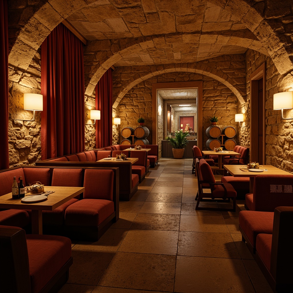 Prompt: Warm wine cellar atmosphere, rustic stone walls, wooden barrels, dimmable LED lighting, soft warm glow, ambient floor lamps, intimate table settings, rich wood tones, velvet drapes, cozy nooks, plush furnishings, earthy color palette, natural textures, warm beige tones, subtle shadows, 1/1 composition, shallow depth of field, realistic renderings.