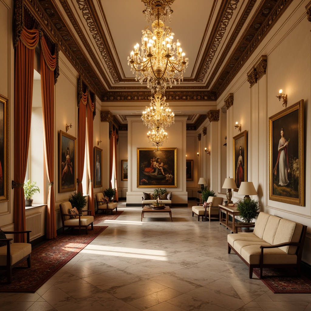 Prompt: Elegant gallery space, soft warm lighting, ornate chandeliers, gilded frames, lavish furnishings, rich velvet drapes, intricate moldings, high ceilings, marble floors, ornamental mirrors, classic oil paintings, subtle color palette, warm beige tones, golden accents, refined textures, delicate patterns, subtle shading, dramatic spotlights, ambient occlusion.