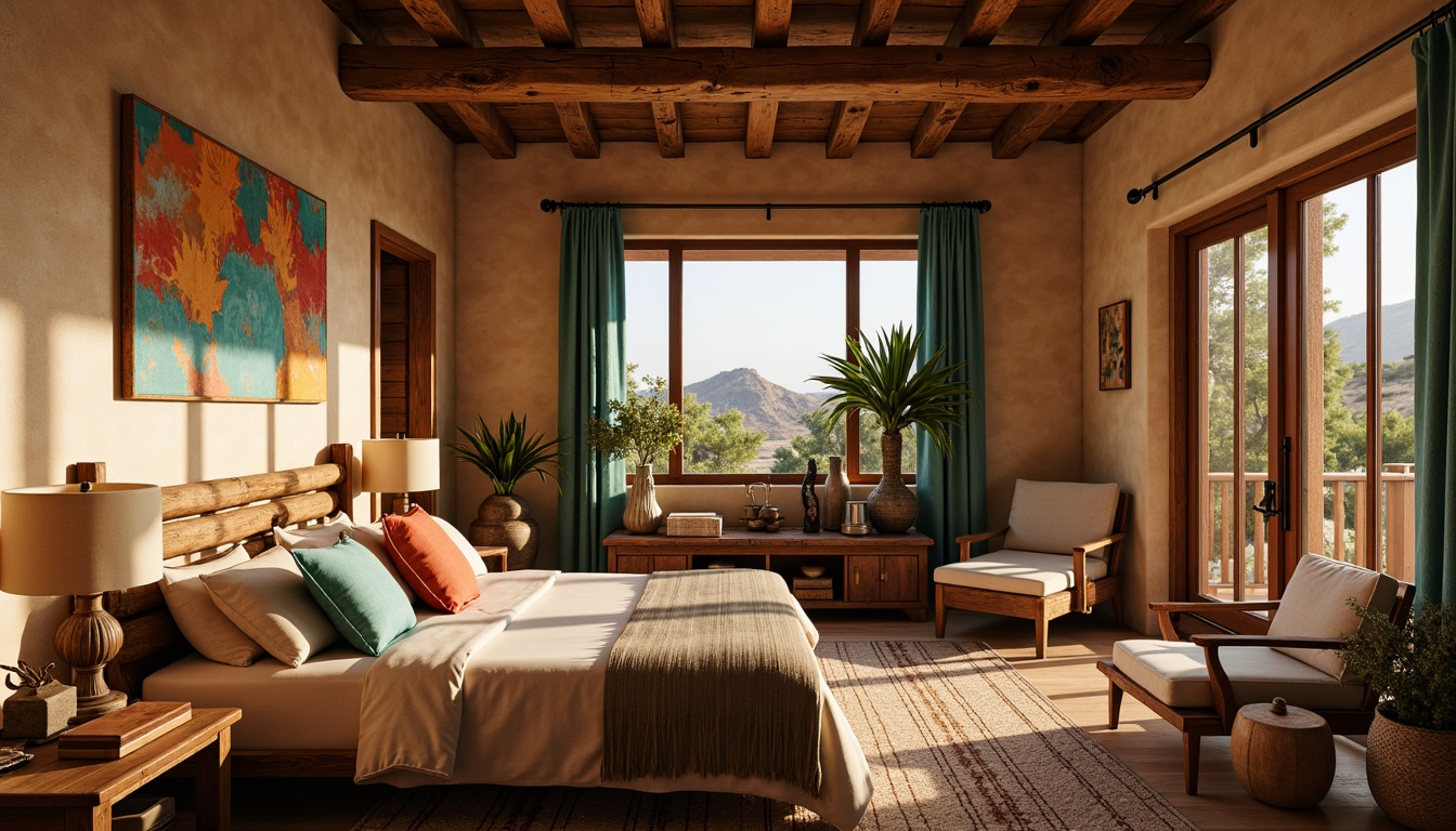 Prompt: Southwestern-style bedroom, warm earthy tones, rustic wooden furniture, distressed finishes, woven textiles, vibrant turquoise accents, patterned rugs, natural fabrics, leather upholstery, chunky wood trim, adobe-inspired architecture, soft golden lighting, 3/4 composition, cozy intimate atmosphere, ambient occlusion.