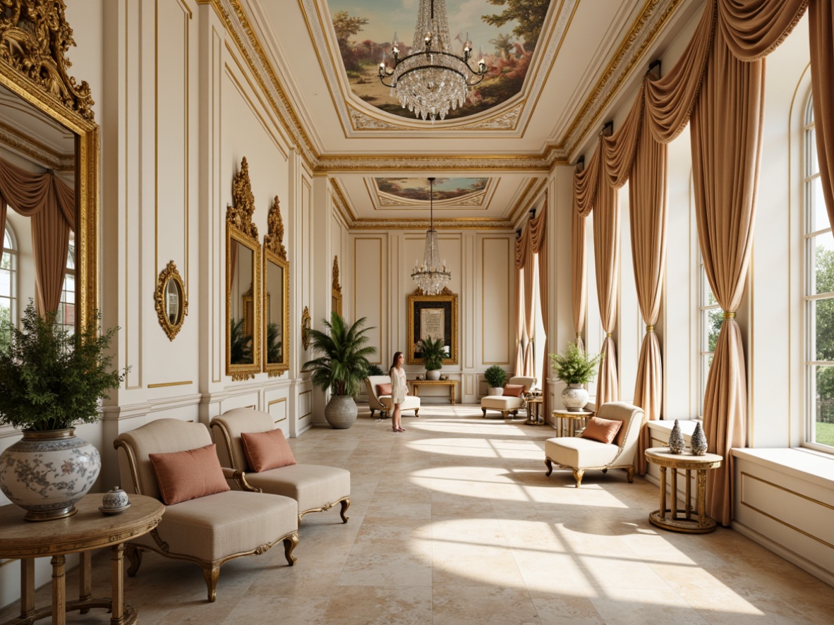 Prompt: Luxurious Rococo interior, ornate gold accents, soft cream walls, rich velvet fabrics, intricate wooden carvings, delicate porcelain vases, pastel-hued frescoes, crystal chandeliers, lavish drapery, warm beige marble floors, subtle rose patterns, gentle mint green accents, creamy whites, soft peach tones, elegant curved lines, ornamental mirrors, opulent furnishings, lavish decorative details, warm golden lighting, shallow depth of field, 2/3 composition, intimate atmosphere, realistic textures, ambient occlusion.