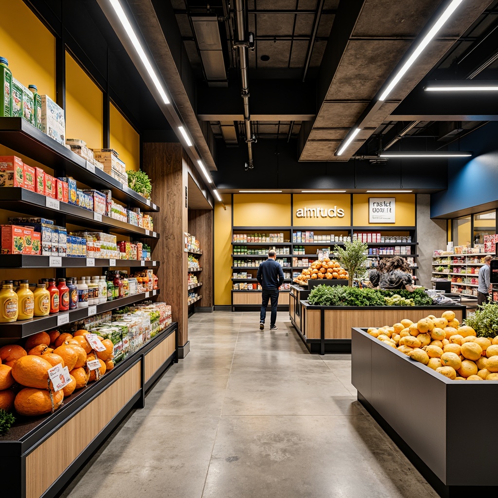 Prompt: Vibrant grocery store interior, modern streamline design, sleek metal shelves, polished concrete floors, minimalist product displays, bold color scheme, bright citrus tones, deep navy blue accents, warm beige backgrounds, natural wood textures, industrial-style lighting fixtures, high ceilings, open spaces, geometric patterns, urban chic atmosphere, busy shopping scene, shallow depth of field, 1/1 composition, realistic reflections, soft warm lighting.