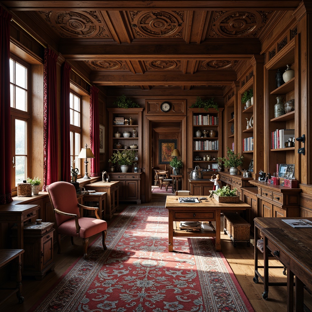 Prompt: Renaissance-style craft room, rich wood tones, ornate carvings, velvet drapes, golden accents, lavish furnishings, intricately patterned rugs, distressed leather armchairs, wooden workbenches, vintage metal lanterns, antique decorative items, warm soft lighting, shallow depth of field, 1/2 composition, realistic textures, ambient occlusion.