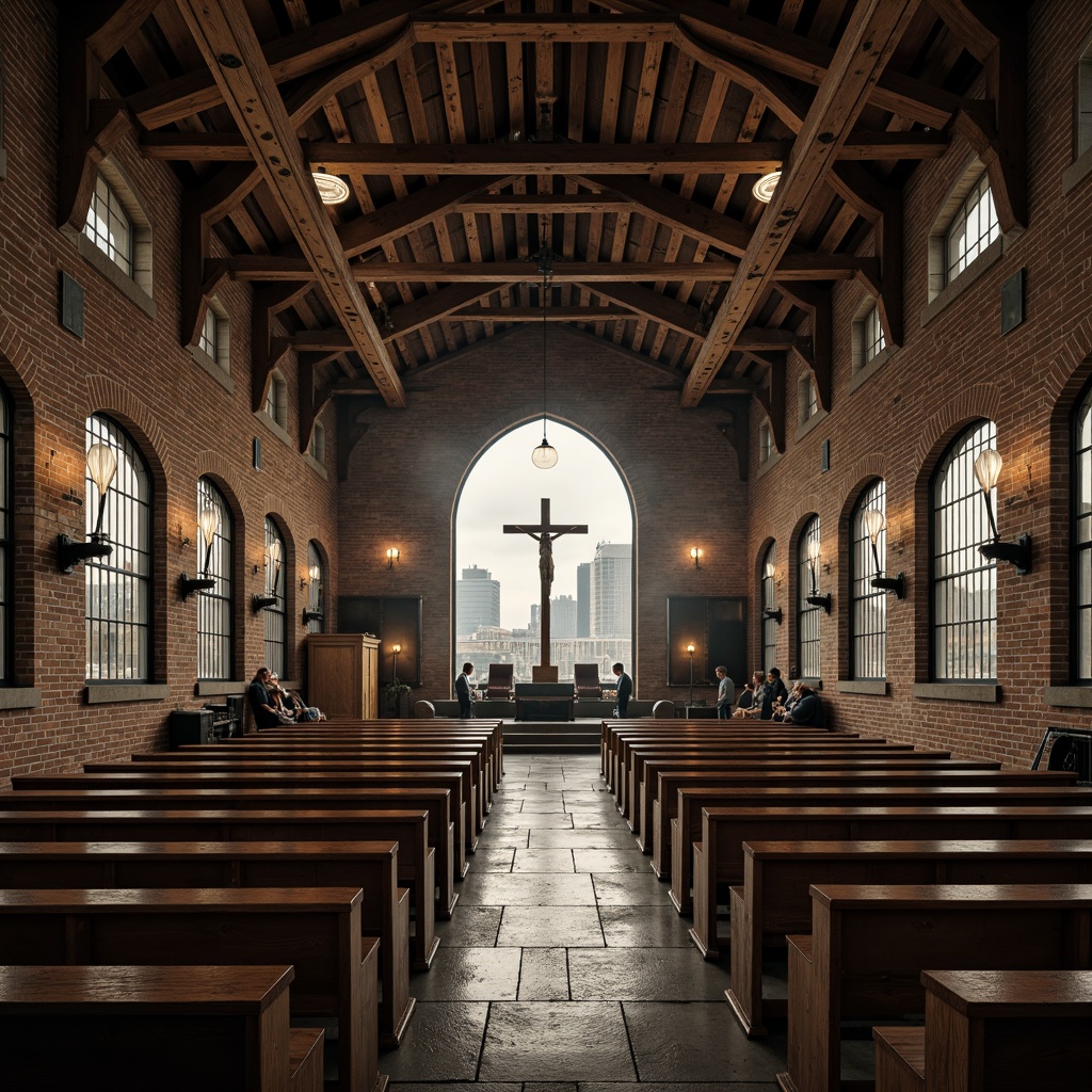 Prompt: Rustic church, distressed wooden beams, industrial metal accents, reclaimed wood pews, vintage machinery parts, exposed brick walls, arched windows, stained glass details, dim warm lighting, atmospheric fog, shallow depth of field, 1/2 composition, symmetrical framing, realistic textures, ambient occlusion, natural stone floors, metallic chandeliers, Edison bulbs, wooden crucifix, urban cityscape background, moody overcast sky.