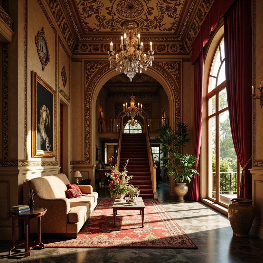 Prompt: Intricate carvings, ornate furnishings, lavish decorations, grand chandeliers, marble floors, opulent fabrics, velvet drapes, gilded frames, antique vases, exotic flowers, rich tapestries, majestic archways, sweeping staircases, dramatic lighting, warm golden hues, highly detailed textures, shallow depth of field, 3/4 composition, realistic reflections.