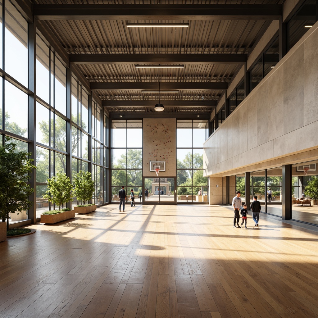 Prompt: Clean-lined gymnasium interior, abundant natural light, minimalist aesthetic, polished wooden floors, sleek metal beams, industrial-style lighting fixtures, sparse greenery, athletic equipment, basketball hoops, climbing walls, mirrored surfaces, floor-to-ceiling windows, open spaces, neutral color palette, subtle texture variations, soft warm ambiance, shallow depth of field, 1/1 composition, realistic reflections, ambient occlusion.