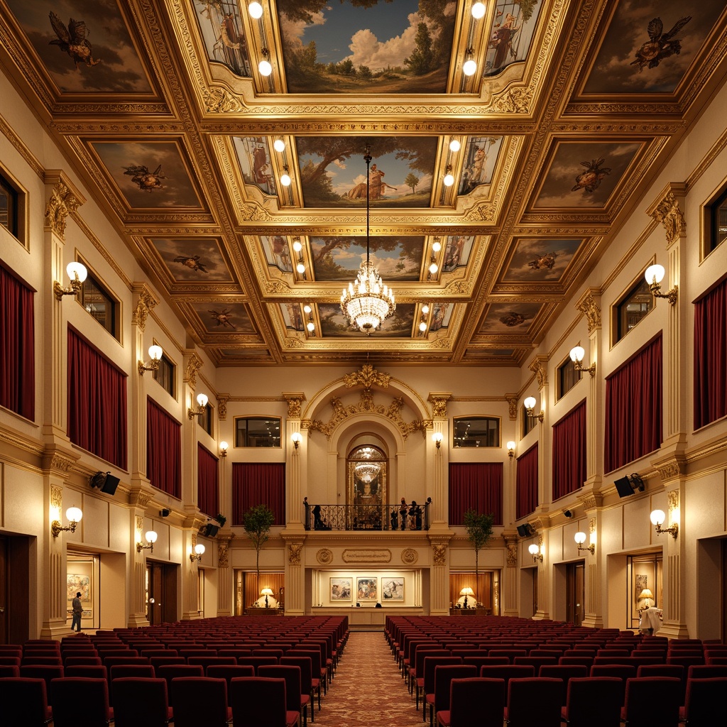 Prompt: Ornate auditorium ceiling, renaissance-inspired design, gold leaf accents, intricate moldings, ornamental plasterwork, majestic chandeliers, crystal droplets, warm beige tones, rich wood paneling, velvet drapes, grand archways, fresco paintings, classical motifs, subtle lighting effects, soft focus, atmospheric perspective, symmetrical composition, high-angle shot, realistic reflections.