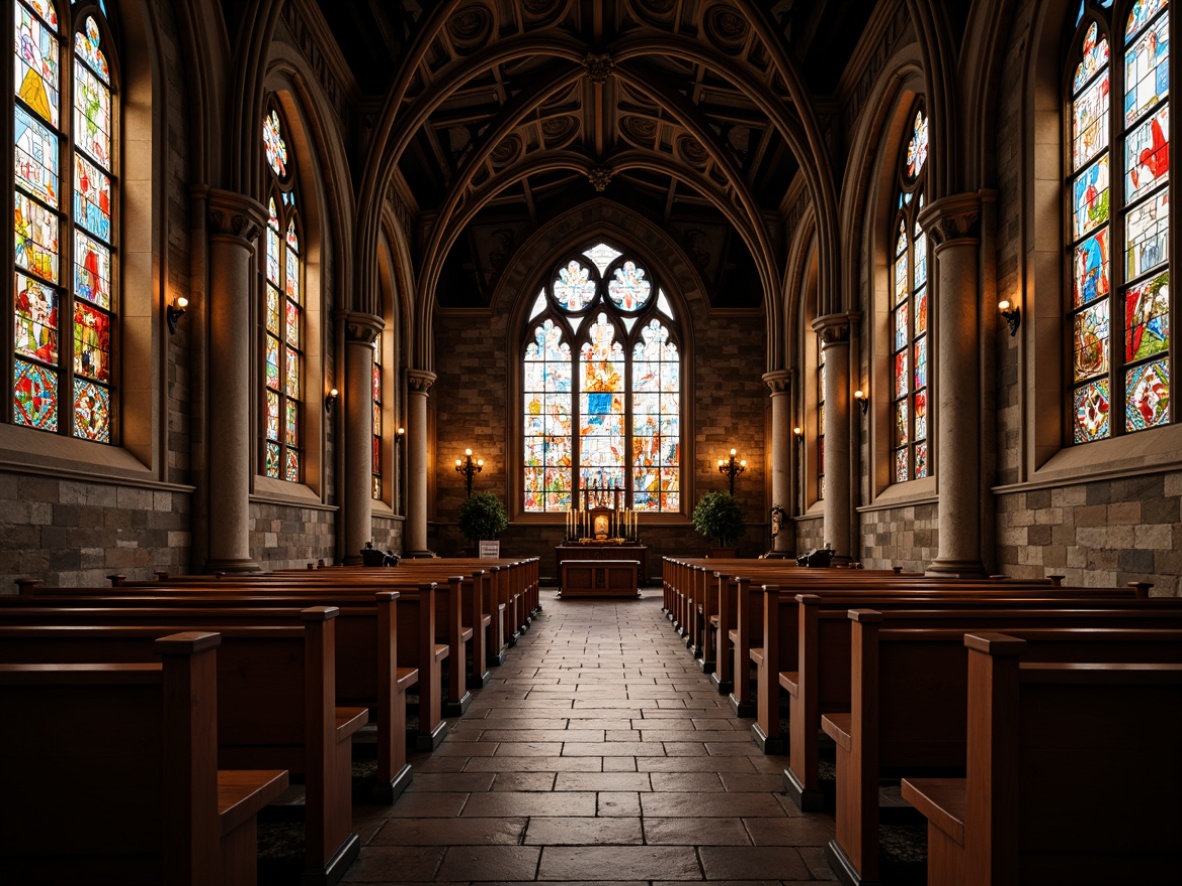 Prompt: Rustic church interior, stained glass windows, vibrant colors, intricate patterns, Gothic arches, ornate stone carvings, wooden pews, dim warm lighting, soft focus, 1/1 composition, detailed textures, ambient occlusion, sacred atmosphere.