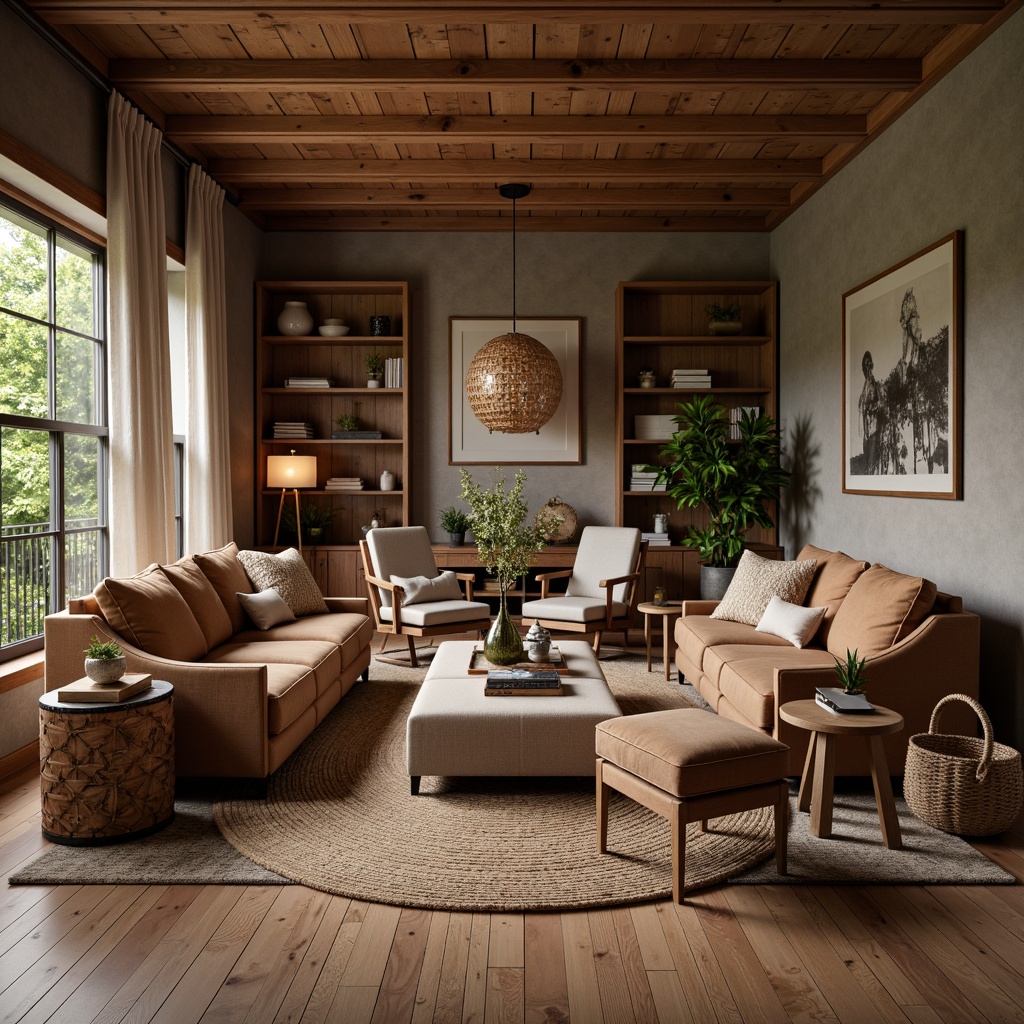 Prompt: Cozy living room, plush sofas, velvet armchairs, wooden coffee tables, rustic side tables, woven baskets, soft cushions, ergonomic desk chairs, adjustable task lamps, minimalist bookshelves, natural fiber rugs, earthy tone walls, warm ambient lighting, 1/1 composition, shallow depth of field, realistic textures.