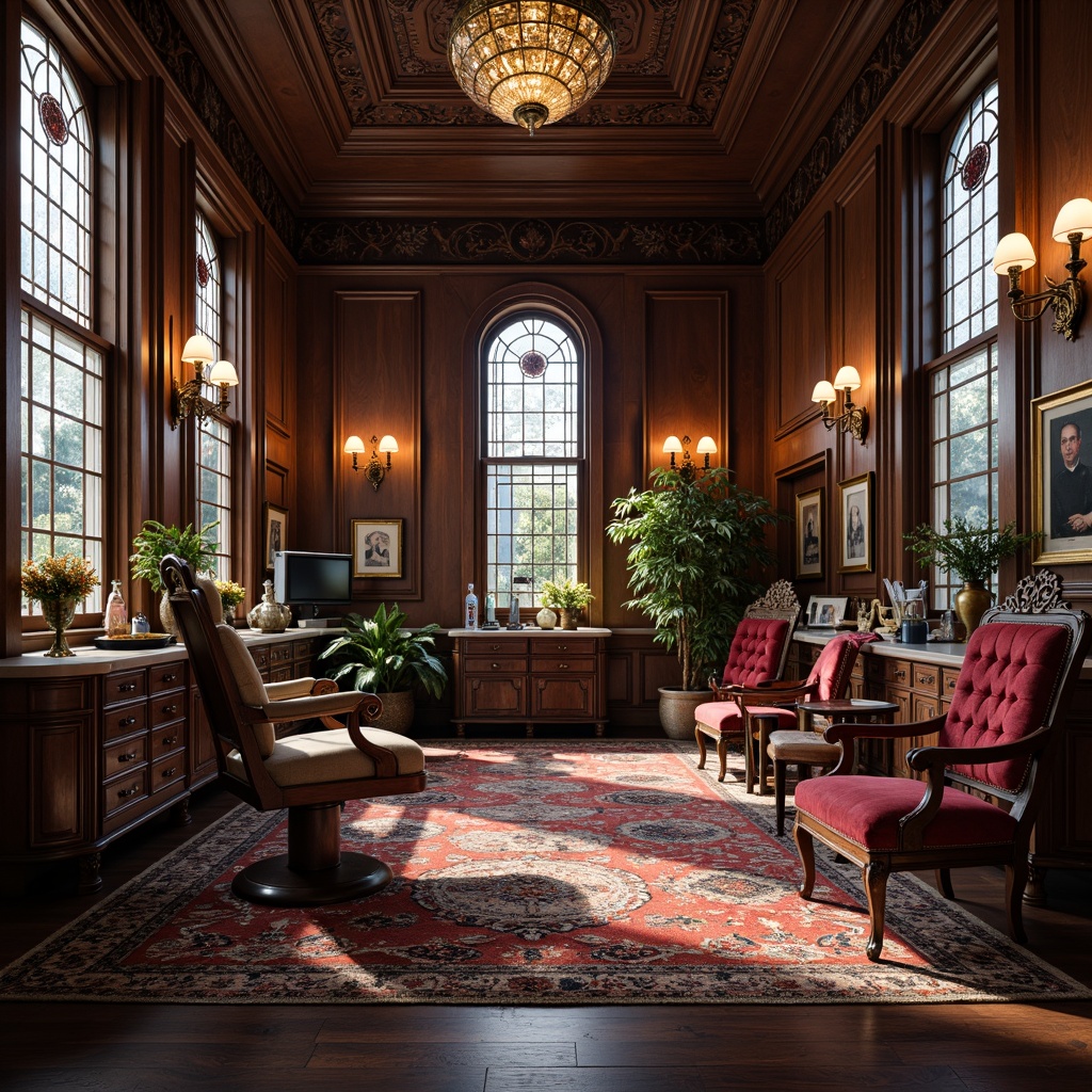 Prompt: Intricately carved wooden chairs, luxurious velvet upholstery, ornate golden fixtures, vintage dental equipment, antique medical artifacts, richly patterned rugs, opulent chandeliers, dark wood paneling, ornamental moldings, lavish drapery, stained glass windows, warm soft lighting, shallow depth of field, 1/2 composition, realistic textures, ambient occlusion.