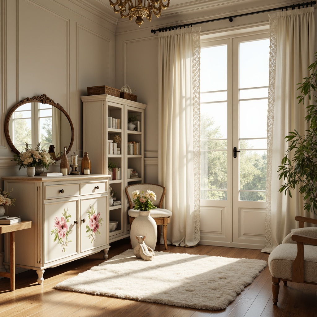 Prompt: Soft, creamy whites, warm beige tones, distressed wood accents, vintage metal hardware, floral patterns, lace trim, delicate china cabinets, ornate mirrors, plush area rugs, natural light pouring in, airy atmosphere, romantic ambiance, morning sunshine, warm golden lighting, shallow depth of field, 1/1 composition, intimate setting, realistic textures.