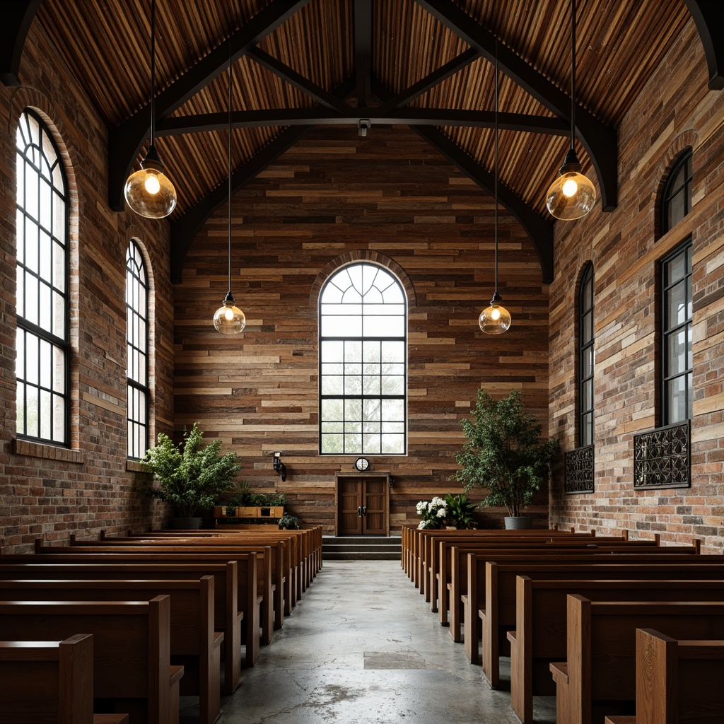 Prompt: Rustic church exterior, reclaimed wood fa\u00e7ade, industrial metal accents, vintage factory windows, distressed stone walls, earthy color palette, natural lighting, wooden pews, exposed brick ceilings, metal beam framework, Edison bulb chandeliers, industrial-style pendant lamps, concrete floors, urban loft-inspired ambiance, moody warm lighting, 1/1 composition, shallow depth of field, soft focus effect, realistic textures.