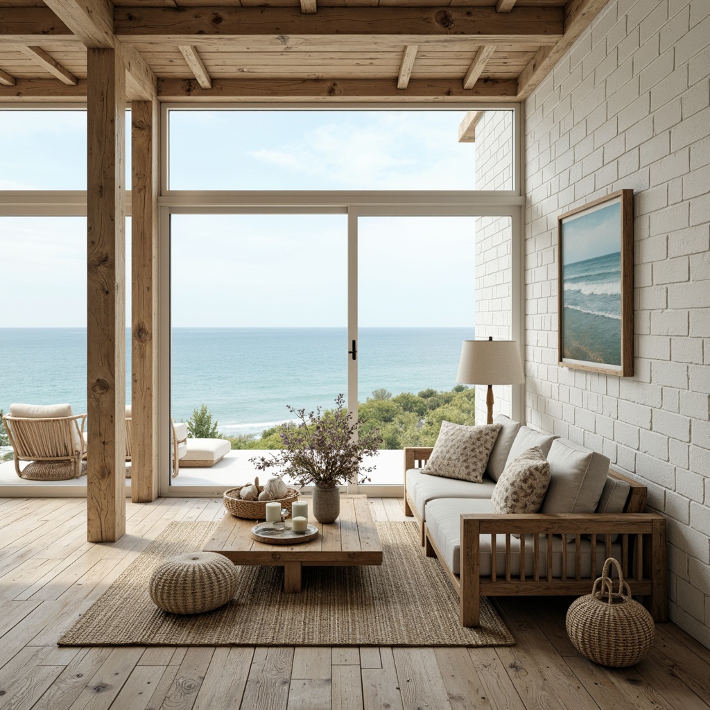 Prompt: Weathered wooden planks, distressed driftwood, soft blue-green hues, calming ocean views, natural textiles, woven rattan furniture, nautical rope accents, beachy shells, pebbles, coral-inspired patterns, ocean-breeze color palette, light-filled rooms, airy atmosphere, minimalist decor, rustic wood flooring, sea-salt scented candles, whitewashed brick walls, shiplap paneling, coastal-themed artwork, serene ambient lighting, 1/2 composition, warm beige tones, soft focus.